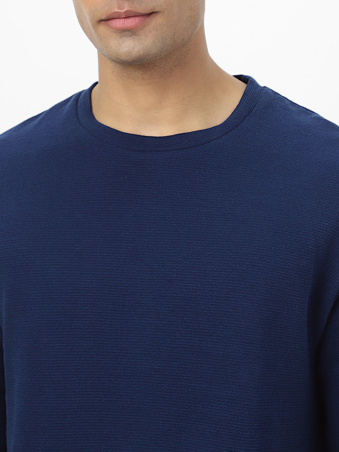 Men's Navy Textured Round Neck Oversized Half Sleeve Cotton T-Shirt