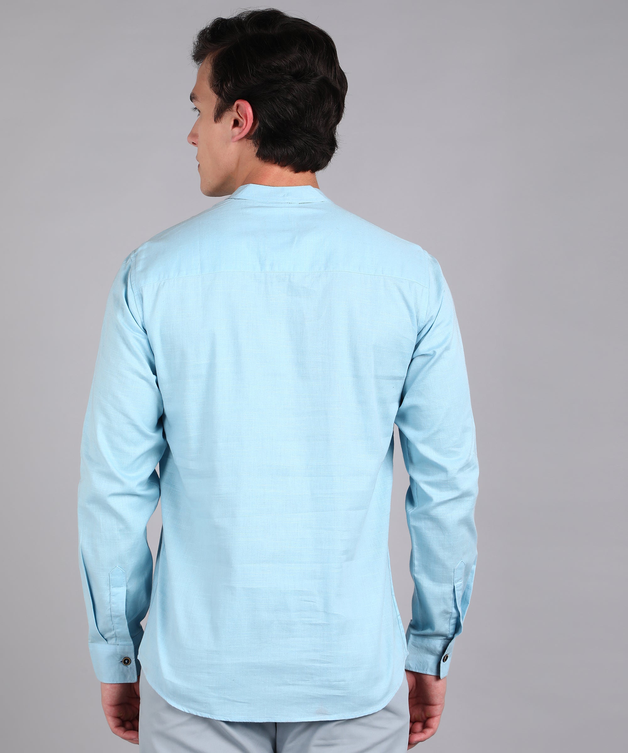 Men's Sky Blue Cotton Full Sleeve Slim Fit Solid Shirt with Mandarin Collar