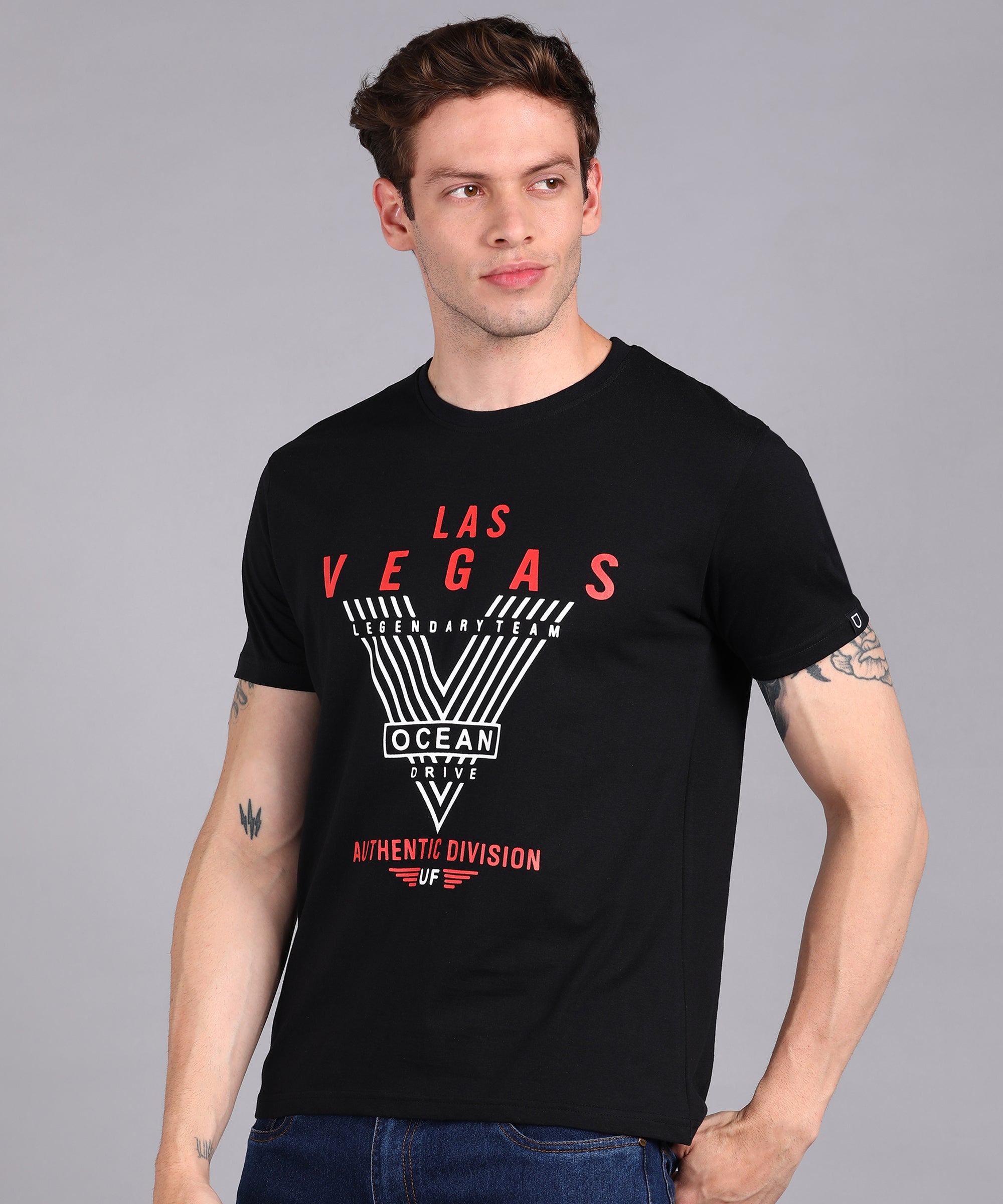 Urbano Fashion Men's Black Graphic Printed Round Neck Half Sleeve Slim Fit Cotton T-Shirt