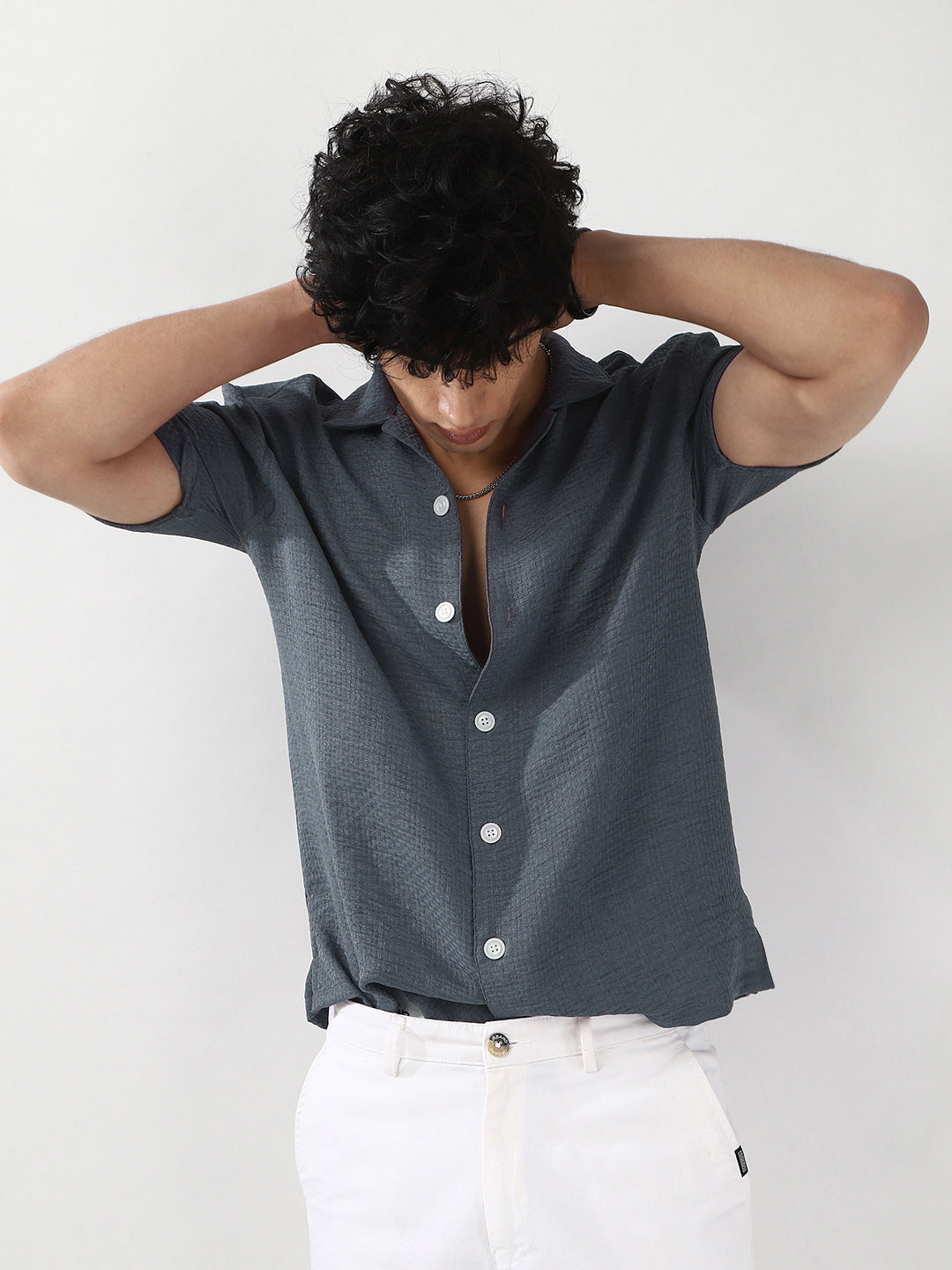 Men's Slate Blue Cotton Half Sleeve Oversized Fit Textured Shirt with Cuban Collar