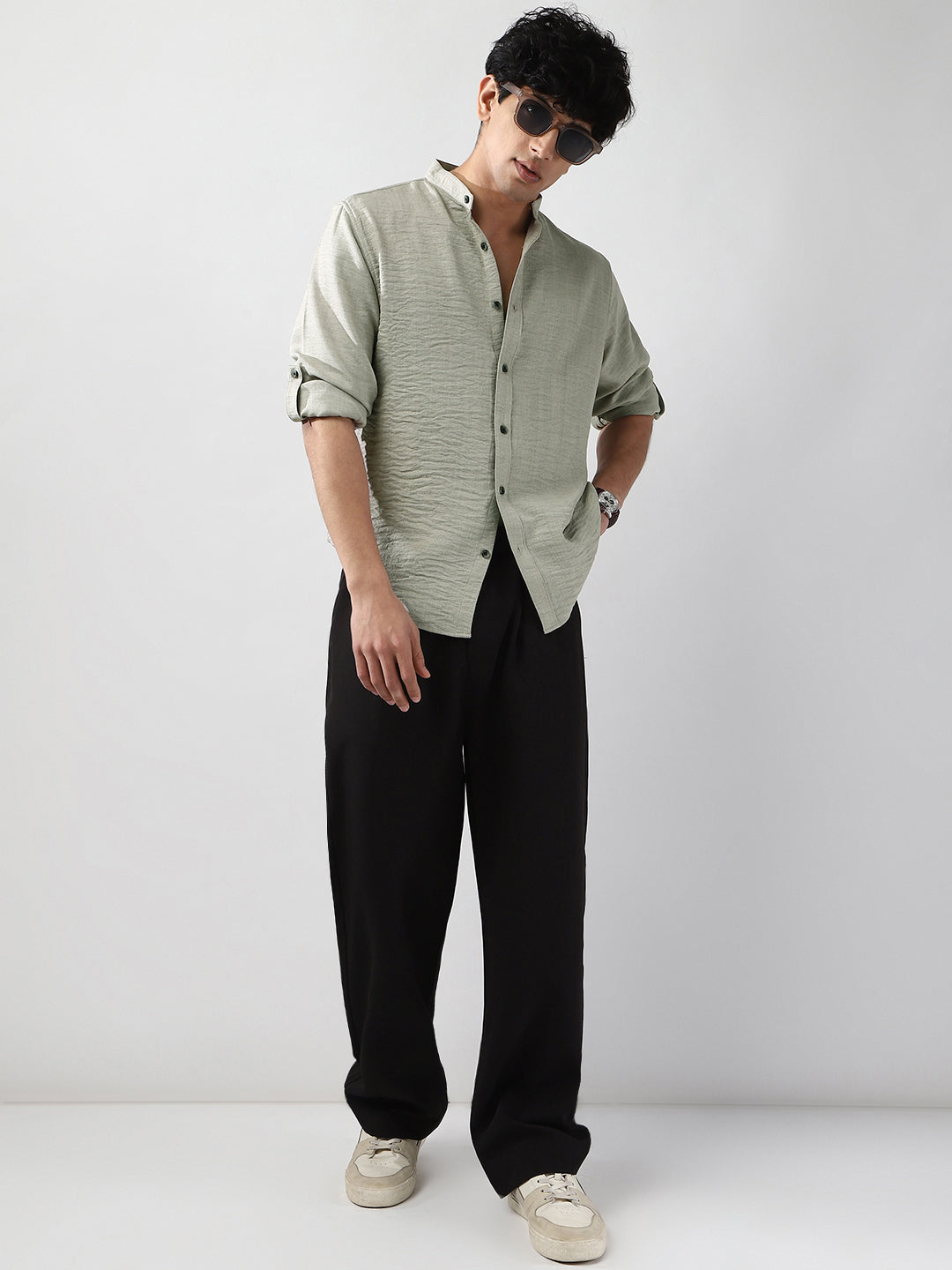 Men's Beige Linen Blend Full Sleeve Relaxed Fit Mandarin Collar Casual Solid Shirt