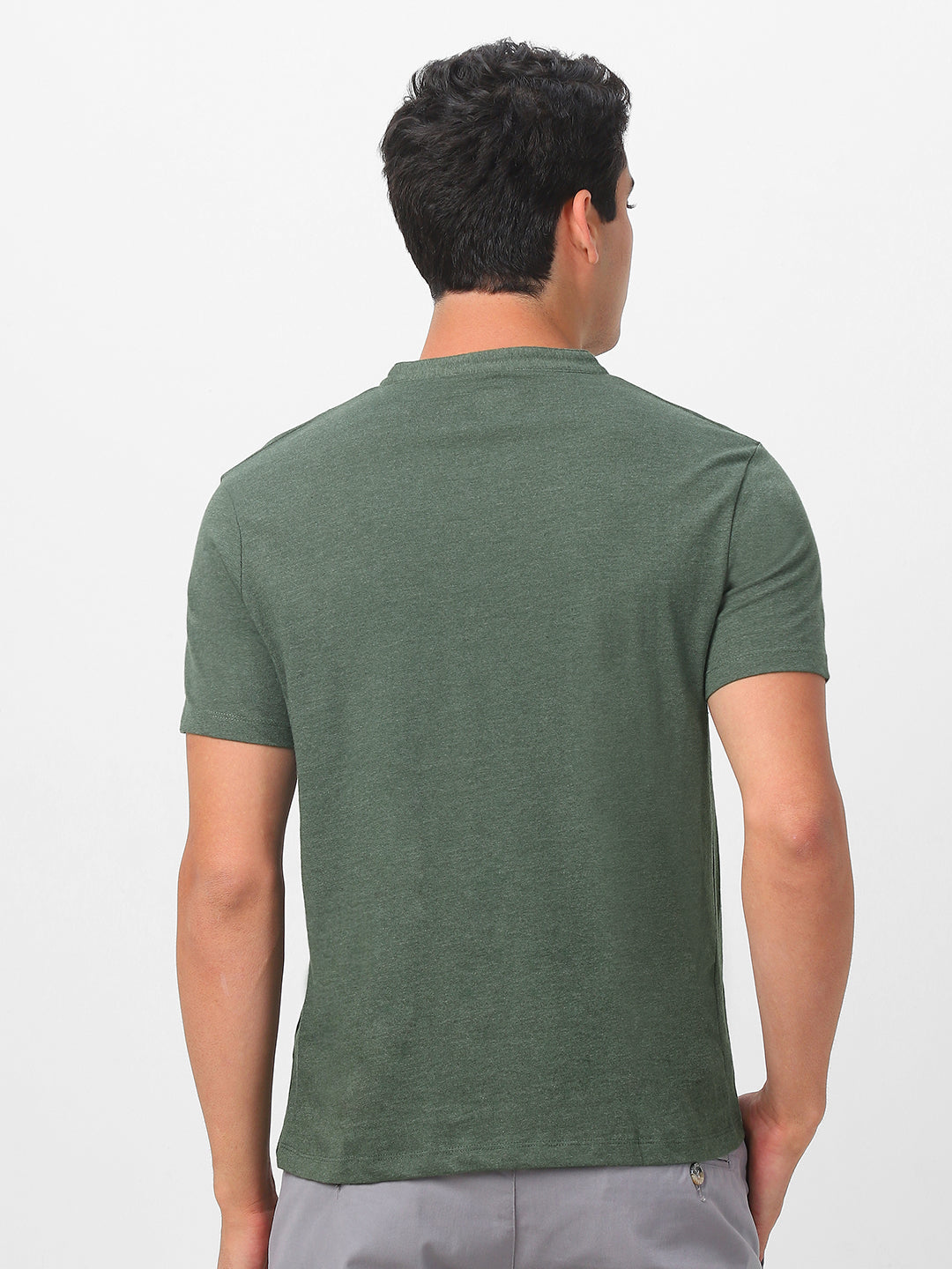 Men's Green Melange Solid Mandarin Collar Slim Fit Half Sleeve Cotton T-Shirt