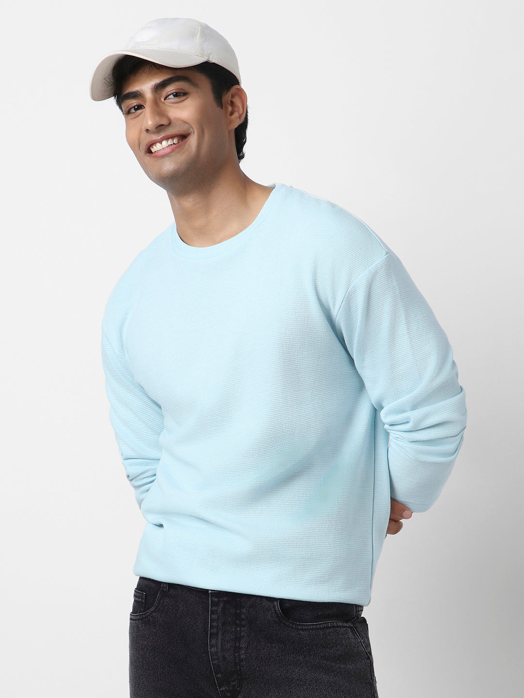 Men's Pastel Blue Textured Round Neck Oversized Full Sleeve Cotton T-Shirt