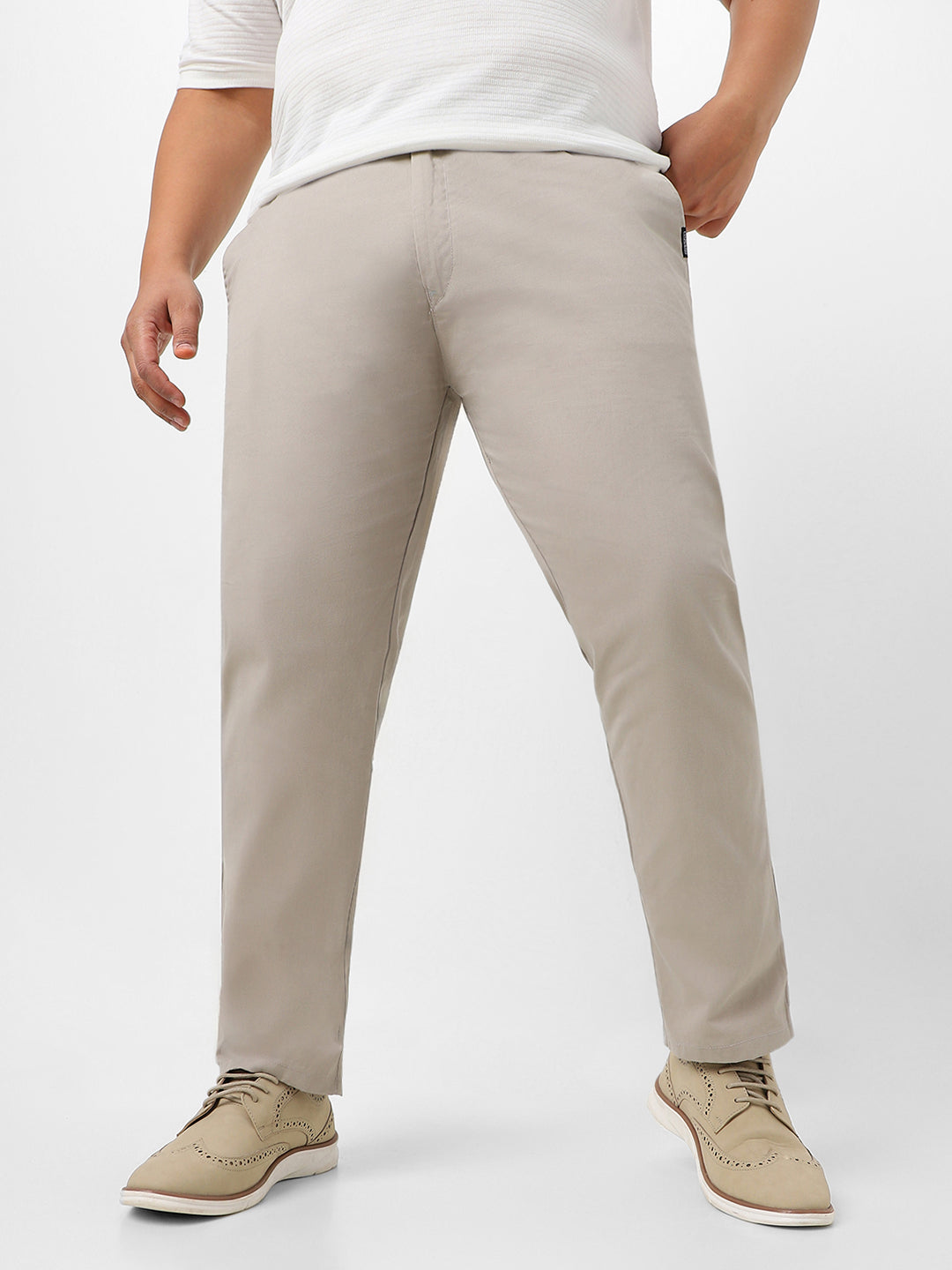 Plus Men's Grey Cotton Regular Fit Casual Chinos Trousers