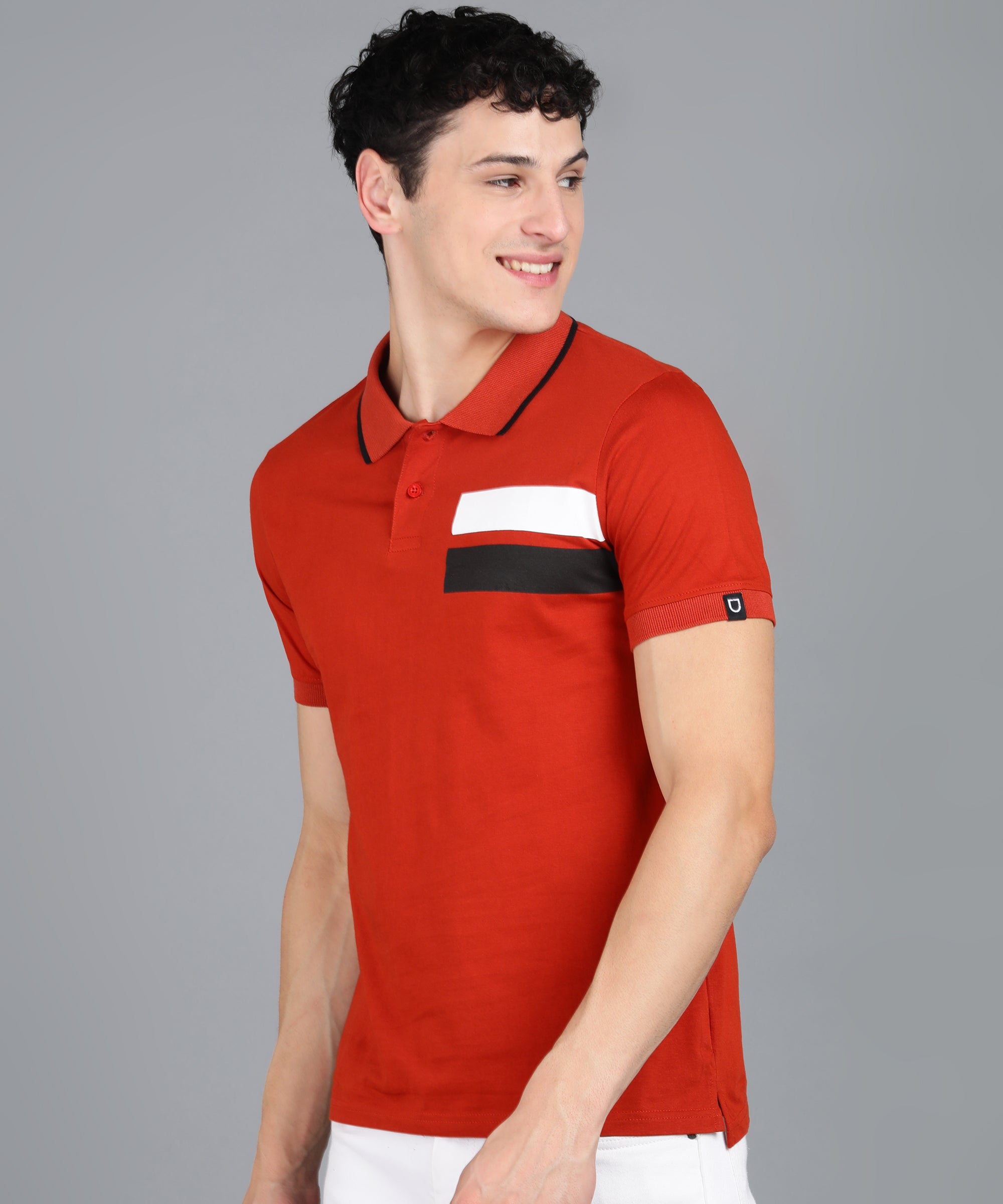 Men's Rust Colour-Block Slim Fit Half Sleeve Cotton Polo T-Shirt