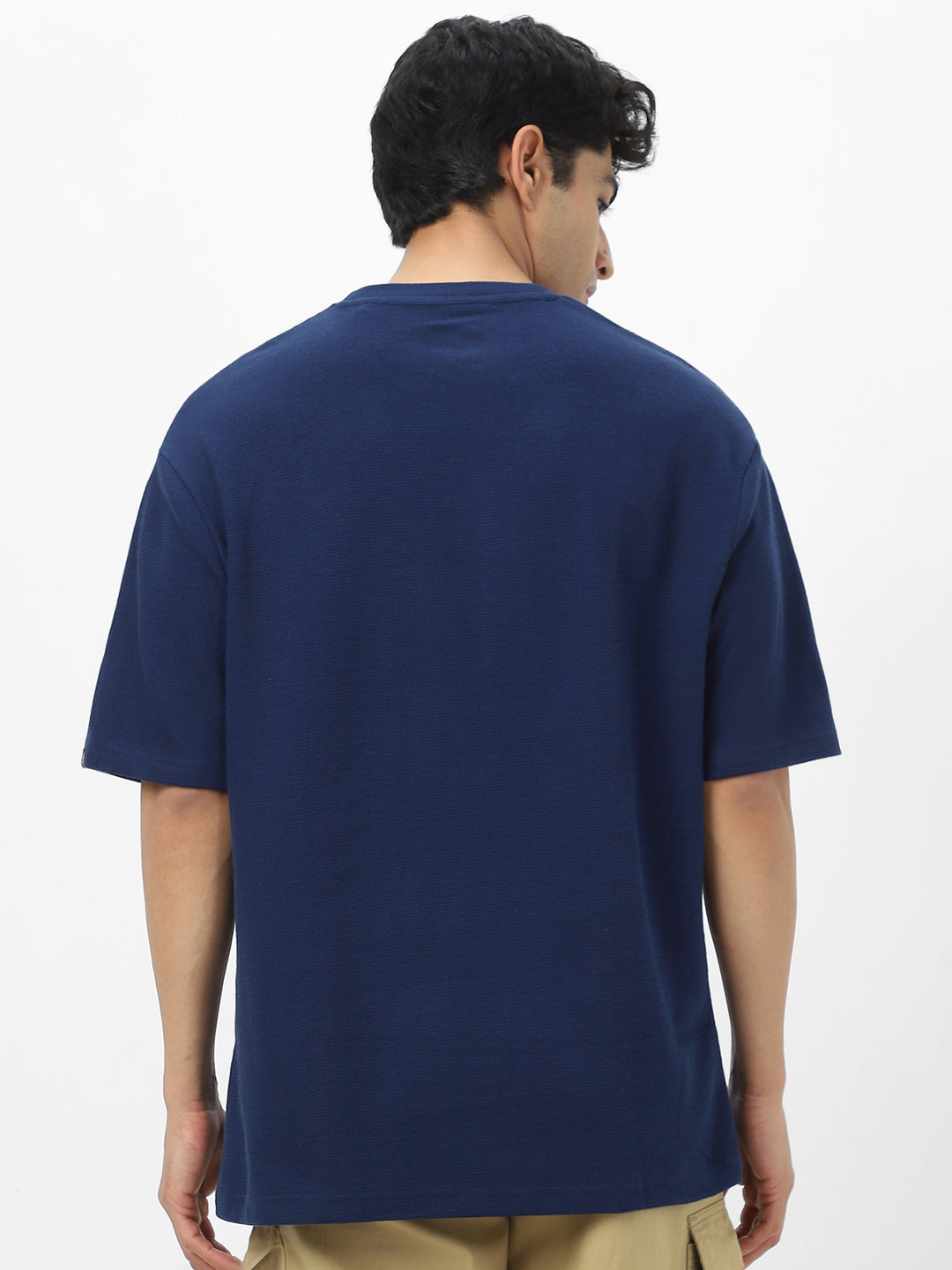 Men's Navy Textured Round Neck Oversized Half Sleeve Cotton T-Shirt