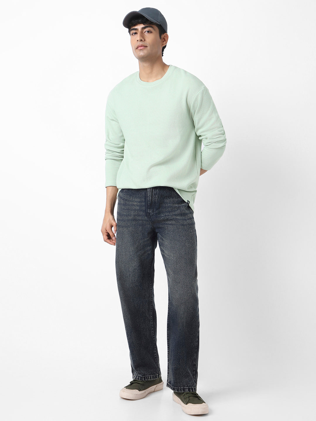 Men's Pastel Green Textured Round Neck Oversized Full Sleeve Cotton T-Shirt