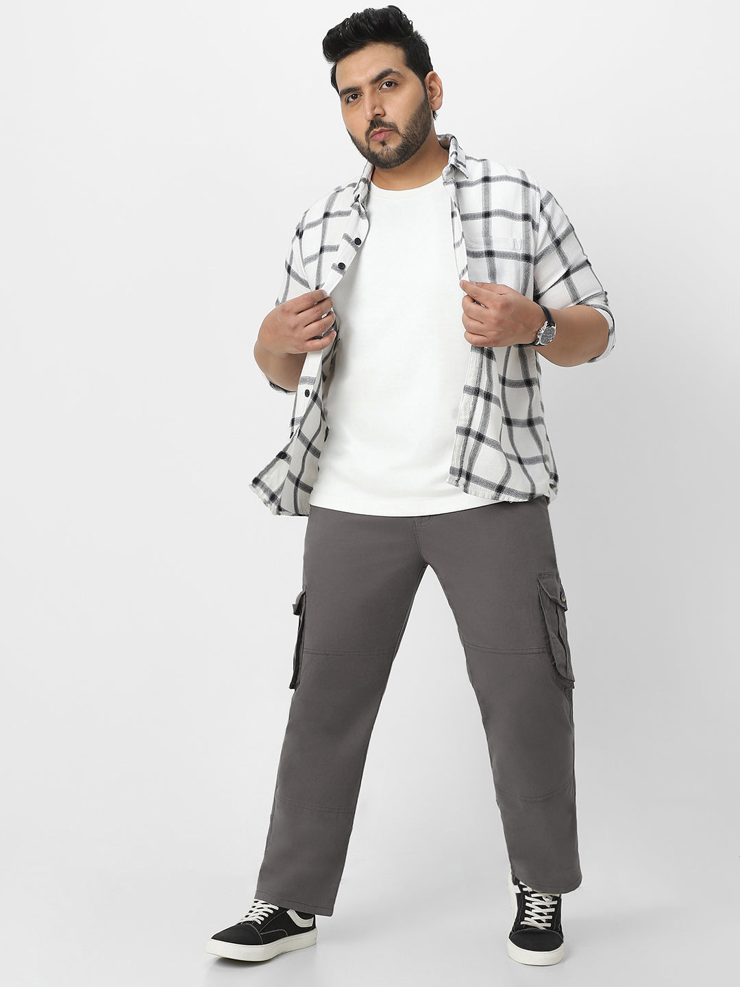 Plus Men's Dark Grey Regular Fit Solid Cargo Chino Pant with 6 Pockets