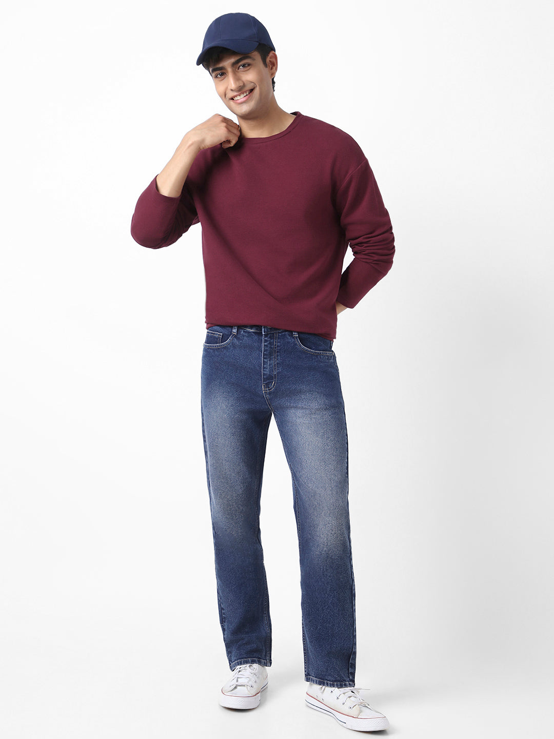 Men's Plum Textured Round Neck Oversized Full Sleeve Cotton T-Shirt