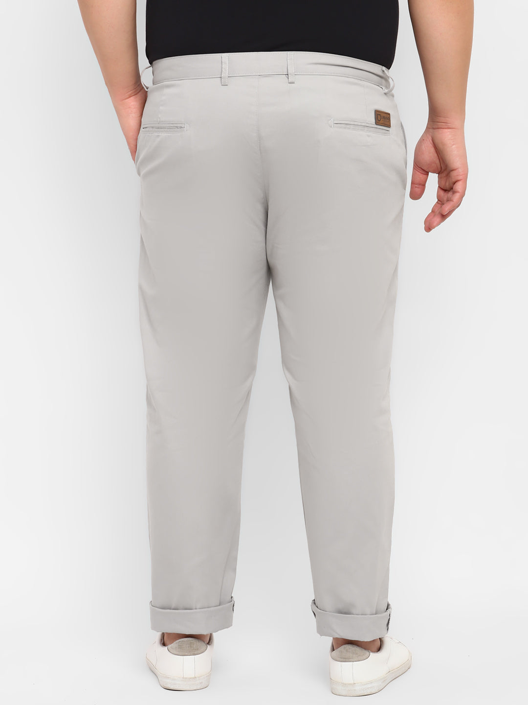 Plus Men's Grey Cotton Regular Fit Casual Chinos Trousers