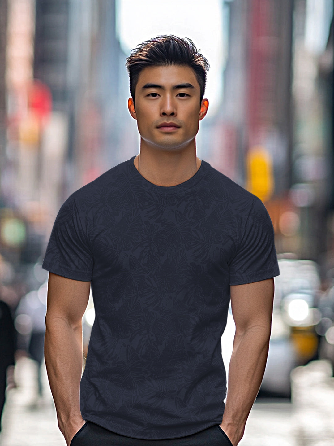 Men's Estate Blue Printed Half Sleeve Slim Fit Cotton T-Shirt