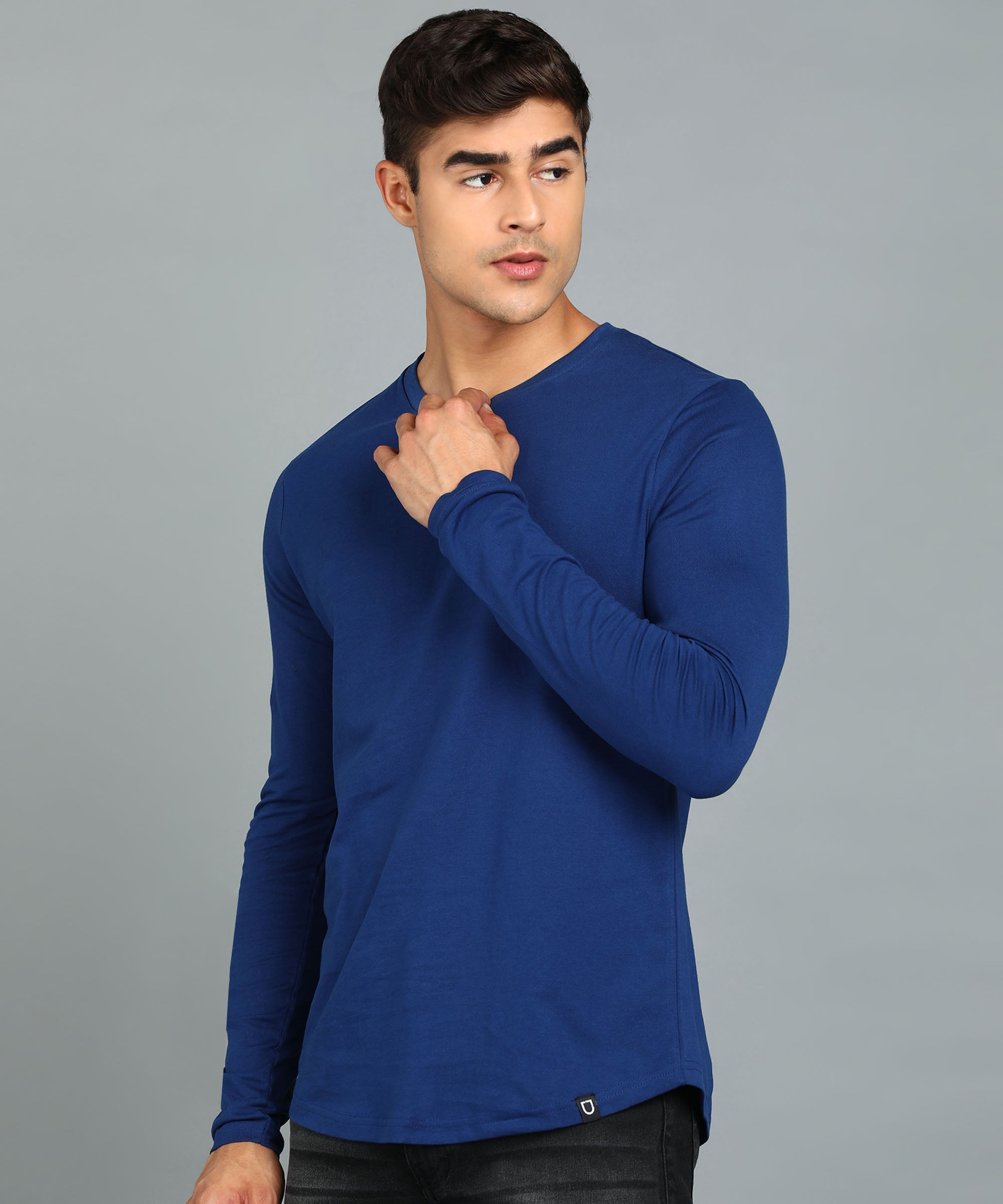 Men's Printed Dark Blue Round Neck Full Sleeve Slim Fit Cotton T-Shirt